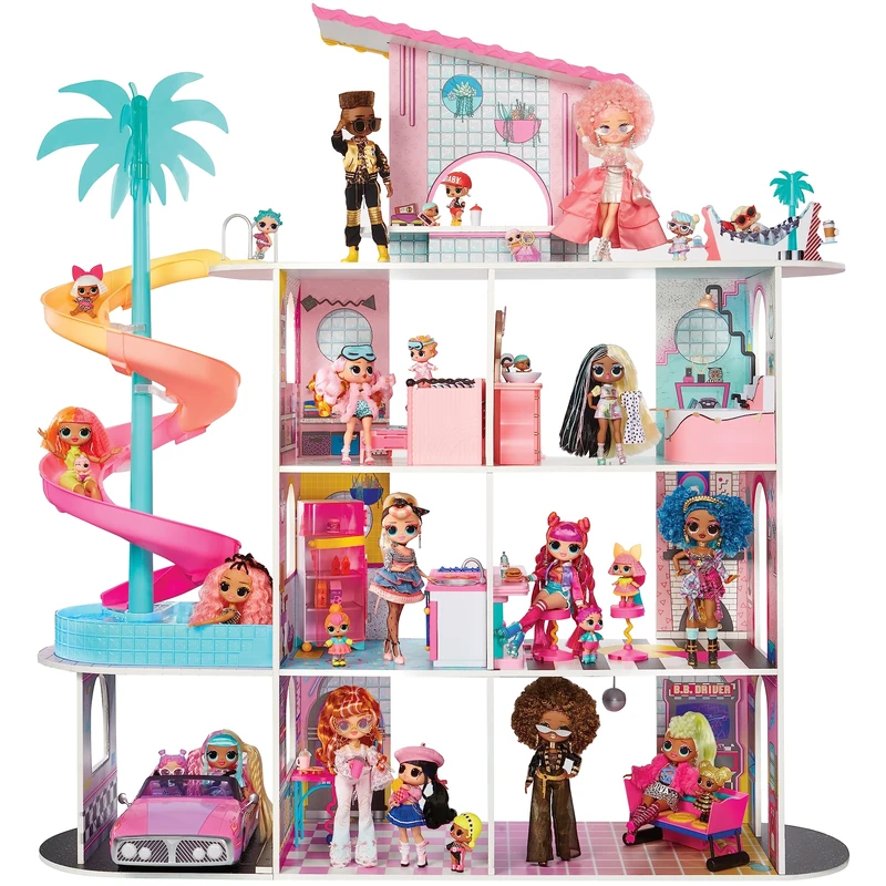 L.O.L. Surprise! OMG Fashion House Playset with 85+ Surprises - Real Wood Doll House with Pool, Spiral Slide, Rooftop Patio, Cinema, Transforming Furniture, and more - Great for Kids Ages 4+