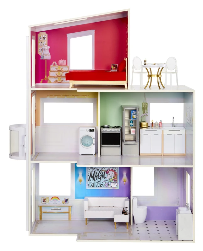 Rainbow High Townhouse- 3-Storey Wood Dollhouse Playset with 5 Colourful Rooms & Rooftop patio - Fully Furnished Fashion Home with working Lift and Play Accessories - Great Toy for Kids 4 to 12+ Years