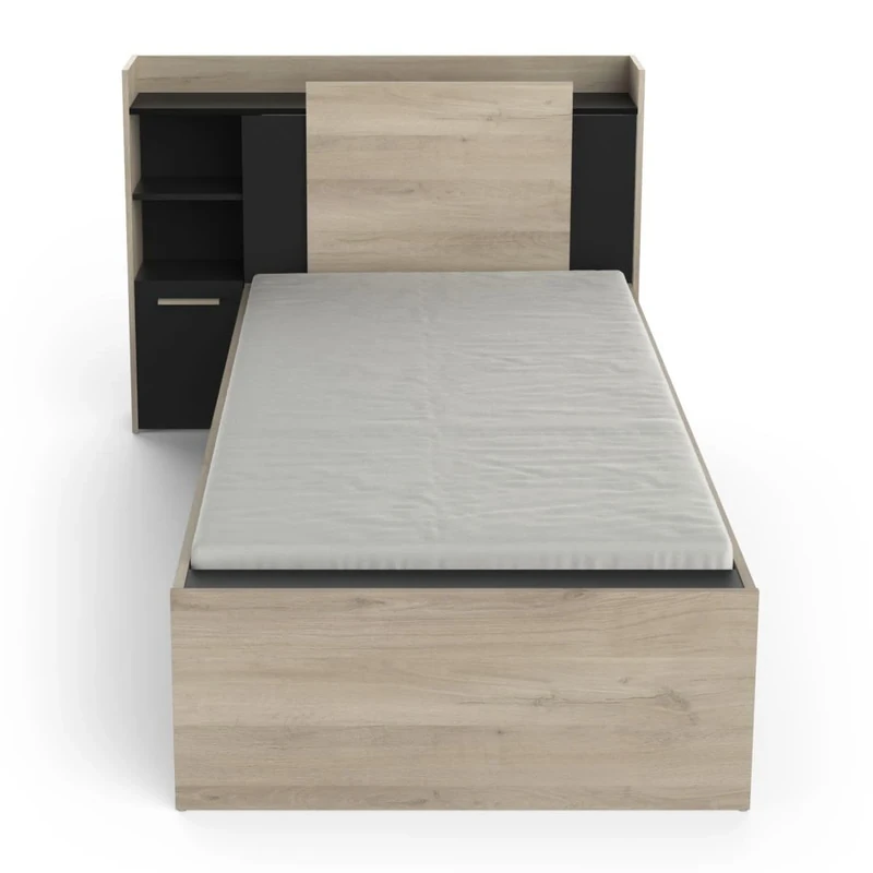 Demeyere Lit 90x190/200 Avec Rangement 1 Porte 3 Niches 1 tiroir – Noir Mat & Chêne Clair -124,5 x 226,9 x 90,5 cm
