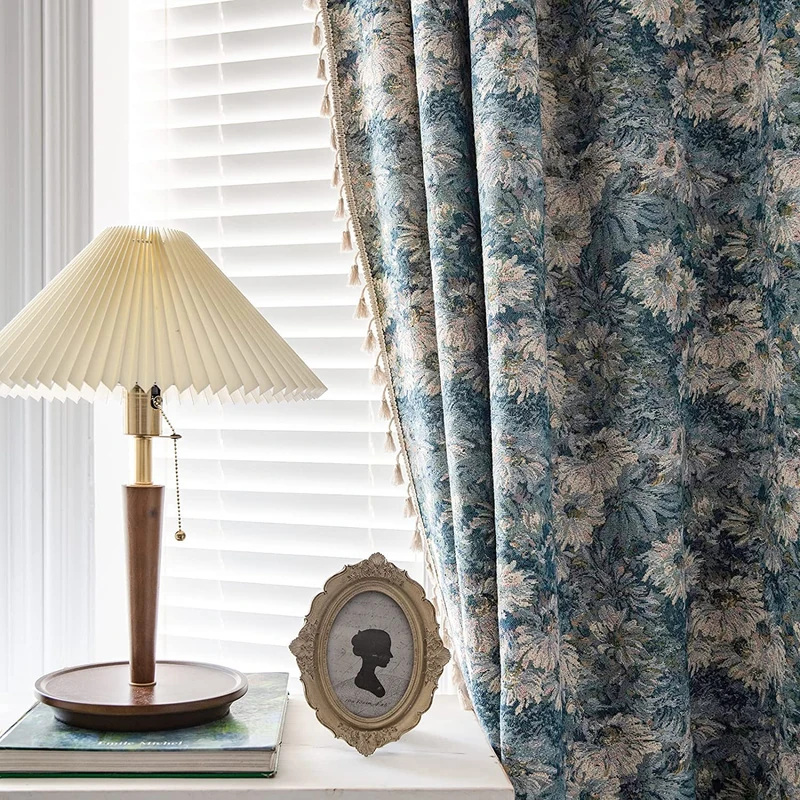 ENJOYBRIDAL 80" Long Blue Floral Curtains 2 Panel Semi Sheer Curtains for Living Room Rustic Bohemian with Rod Pocket, Tassel Window Curtain Panels,
