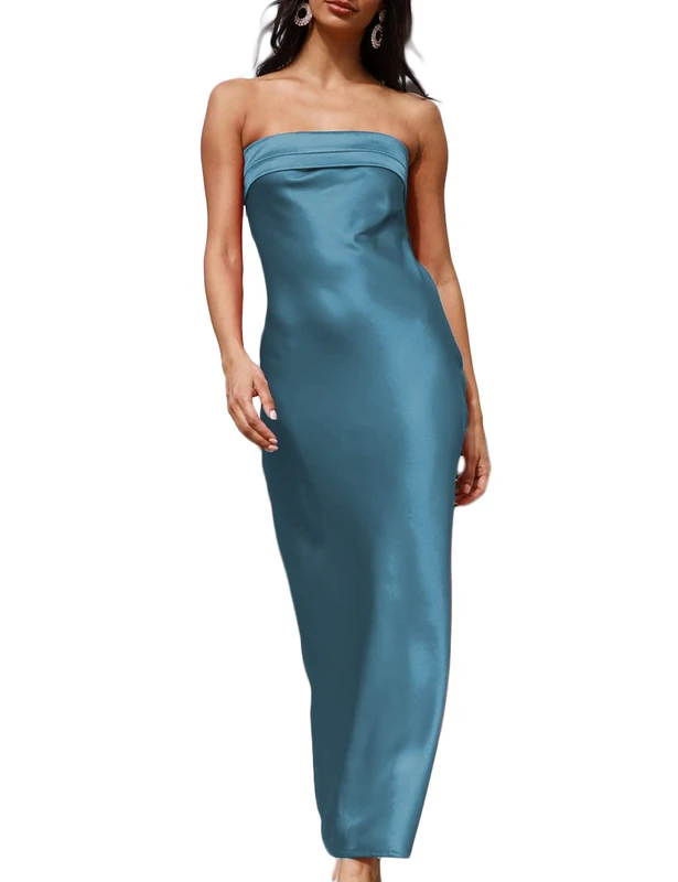 Realtix Satin Silk Backless Tube Tops Maxi Dress for Women Low Back Hollow Out Elegant Strapless Long Dresses Wedding Guest, Dark Blue, S