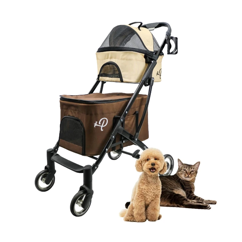 PETIQUE Deluxe Double Decker Pet Stroller Mocha - Foldable Twin Stroller for Two Pets