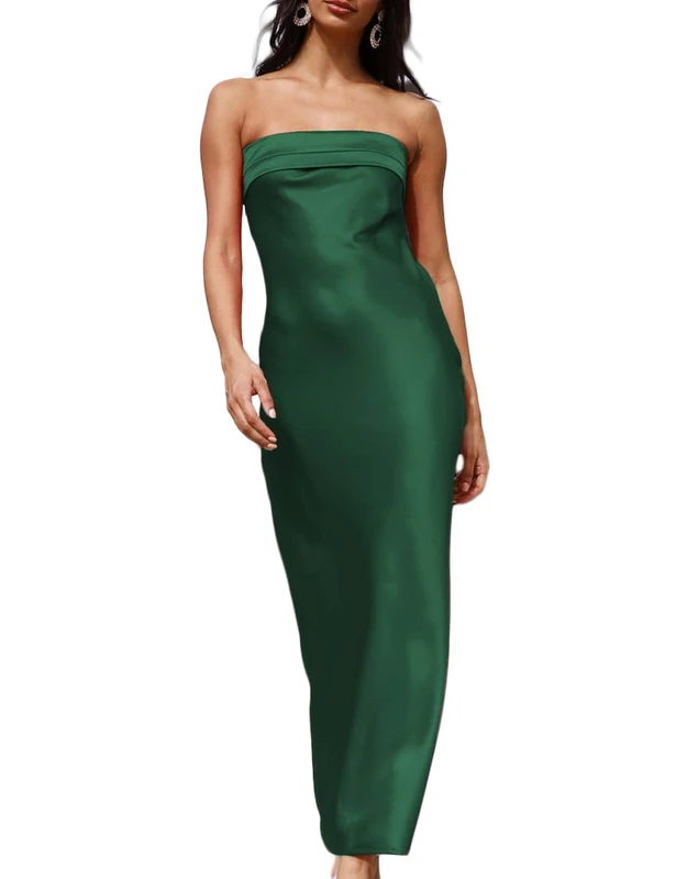 Realtix Satin Silk Backless Tube Tops Maxi Dress for Women Low Back Hollow Out Elegant Strapless Long Dresses Wedding Guest, Emerald, L