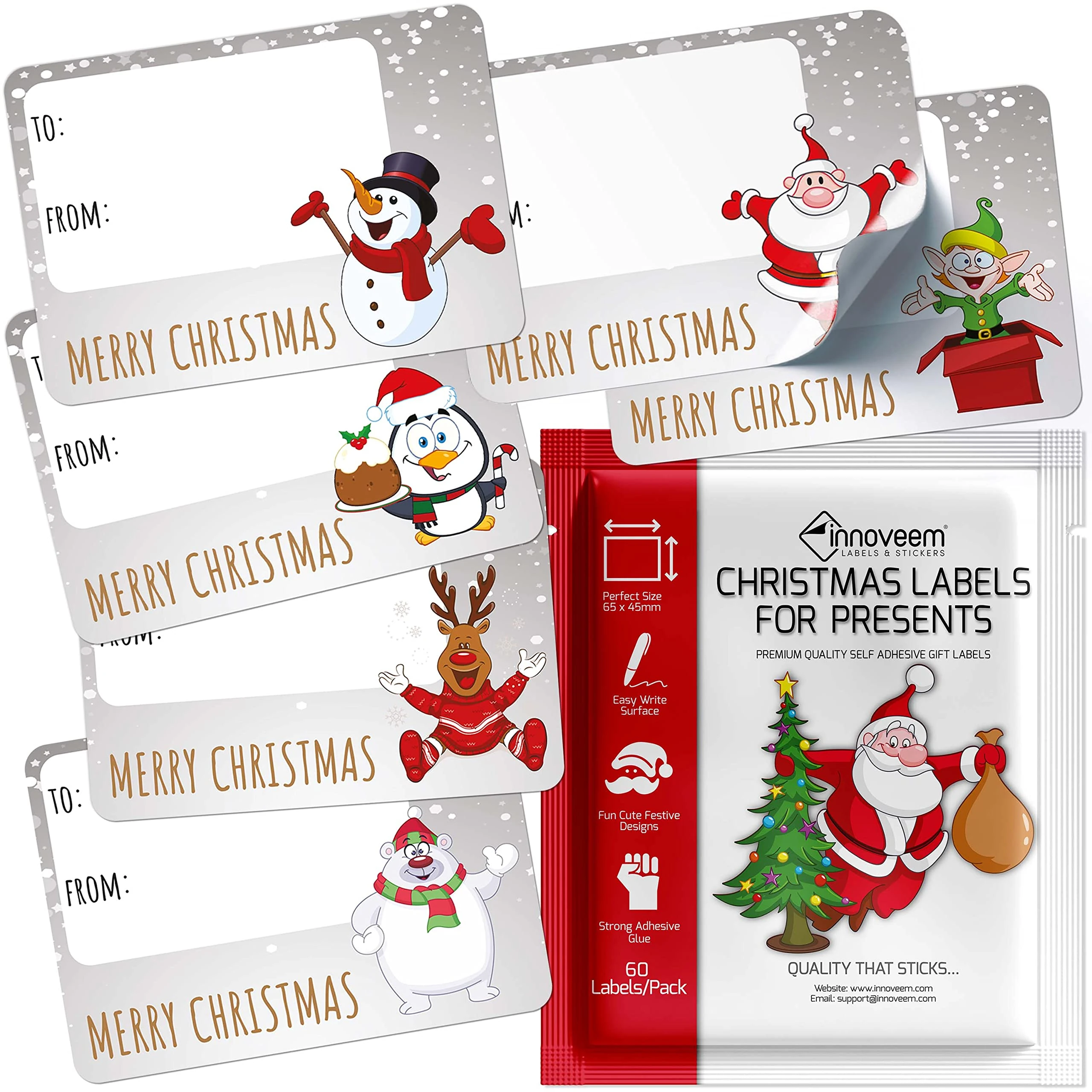 Christmas Labels Stickers Self Adhesive - 60 Christmas Stickers for Presents with Cute Festive Designs - Size 65 x 45mm Xmas Tags for Presents - Sticky Xmas Tags by Innoveem