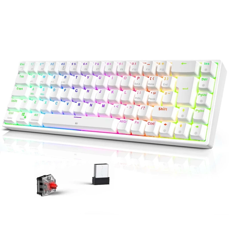 TECURS Wireless Mechanical Gaming Keyboard RGB UK Layout TKL 65% Rollover Anti-ghosting Bluetooth / 2.4G Keyboard Red Switch for PC Gamer/iPad/ PS4/Android, White