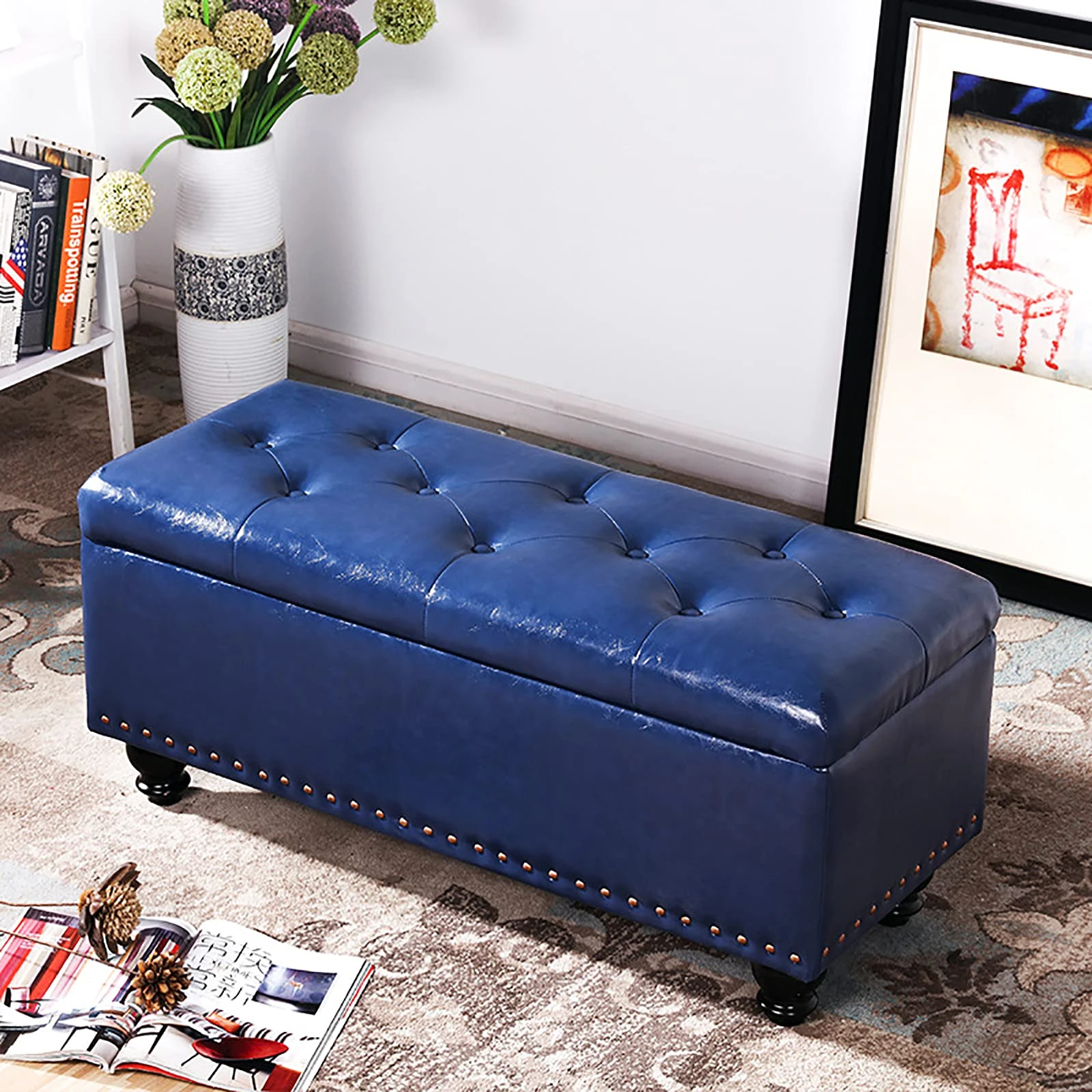 Pu Leather End Of Bed Bench With Storage Space,Modern Home Bedroom Living Room Footstools Multifunction Benches,Faux Leather Storage Ottoman Bench-Navy blue 60x40x45cm(24x16x18inch)