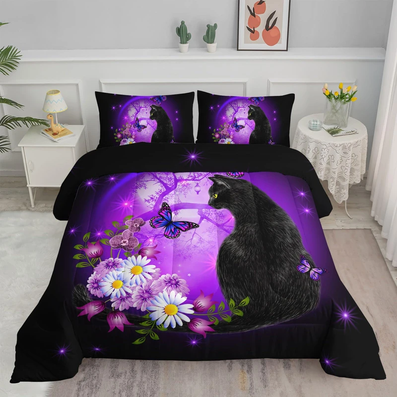 Black Cat Bedding Cartoon Cat Comforter Set Full,Daisy Butterflies Printed Kids Bedding Set for Kids Boys Girls Adults Room Decor,Kids Comforter Set All Season,1 Quilt 2 Pillow Cases,Purple