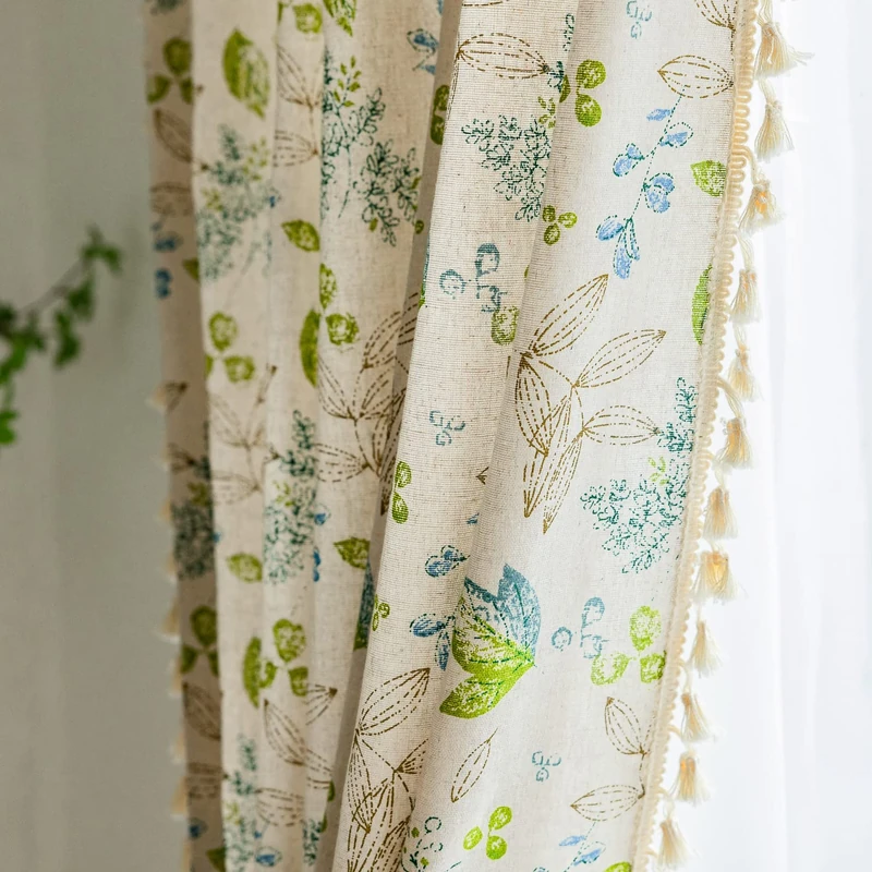 ENJOYBRIDAL Leaf Curtains 84 Inch Length 2 Panels Tassel Boho Semi Sheer Drapes Bedroom Living Room Farmhouse Floral Rustic Country Rod Pocket Cotton Linen Blend Window Curtain Panel
