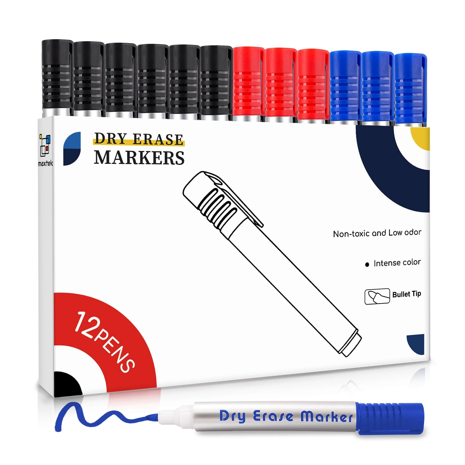 maxtek Whiteboard Pens Markers, 3 Assorted Colours Black Blue Red Dry Erase Pens, Bullet Tip White Board Markers Erasable, Dry Wipe Pens for Office, Schools, Home