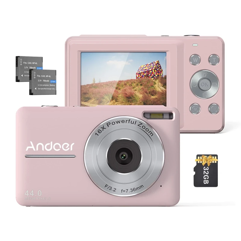Andor Digital Camera, 32GB Memory Card, 1080P Portable Mini Camera, 44MP, 2.45-inch IPS Display, 16x Digital Zoom, Comes with 2 Batteries, Perfect Kids Camera for Holiday Vlog Shooting - Pink.