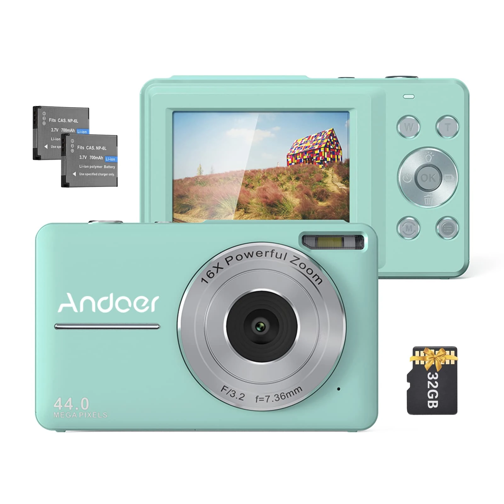 Andoer Digital Camera 44MP 1080P HD16X Digital Zoom Anti-shake Auto Focus 2.5 IPS Smile LCD Screen Child-Friendly Design 2pcs Rechargeable Batteries 32GB SD Card Perfect for Holidays Travel Everyday