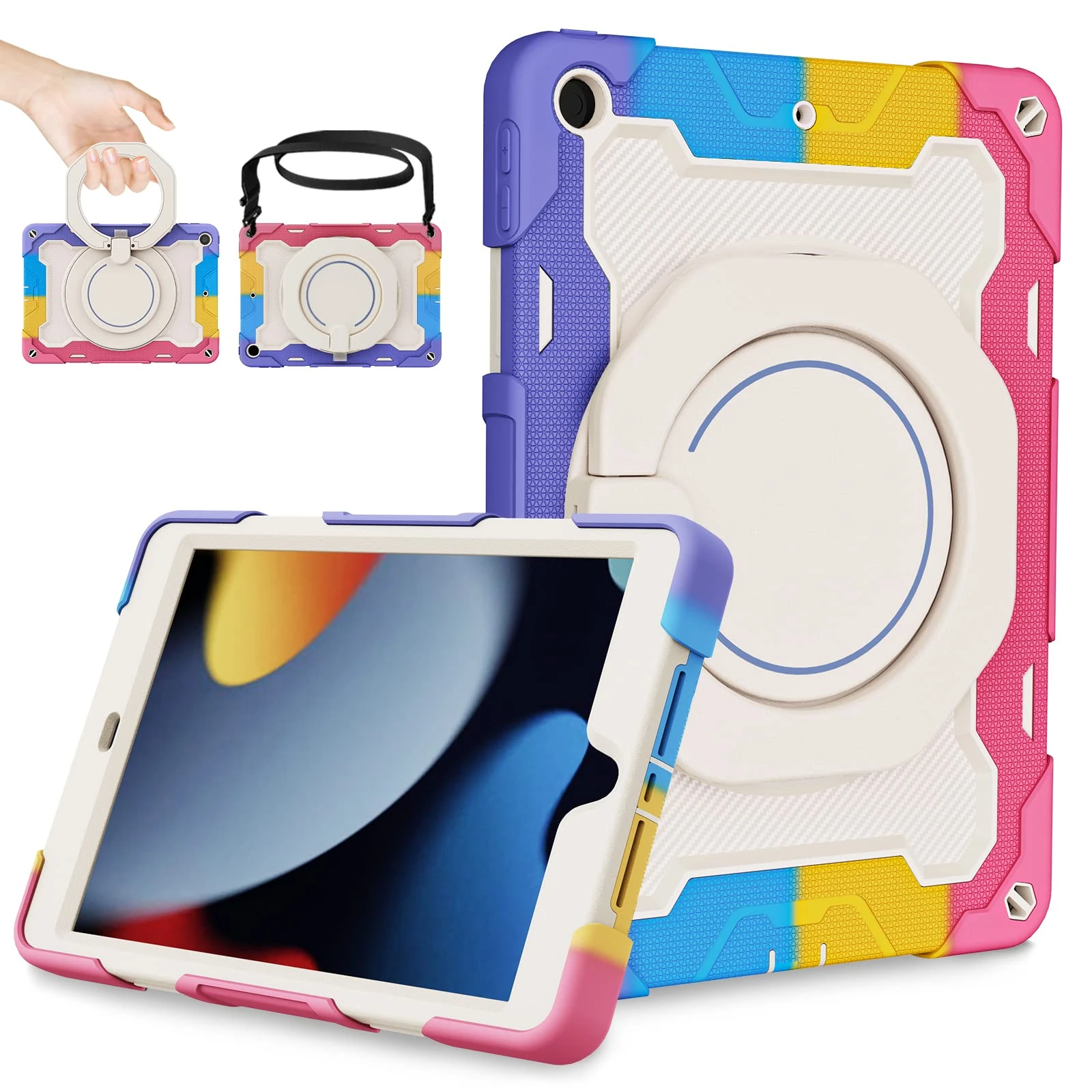 ROISKIN Kids Case for iPad 9th 8th 7th Generation 10.2 Inch (2021/2020/2019),Heavy Duty Shockproof Cover with Screen Protector & Rotating Stand & Shoulder Strap & Pencil Holder,Pink