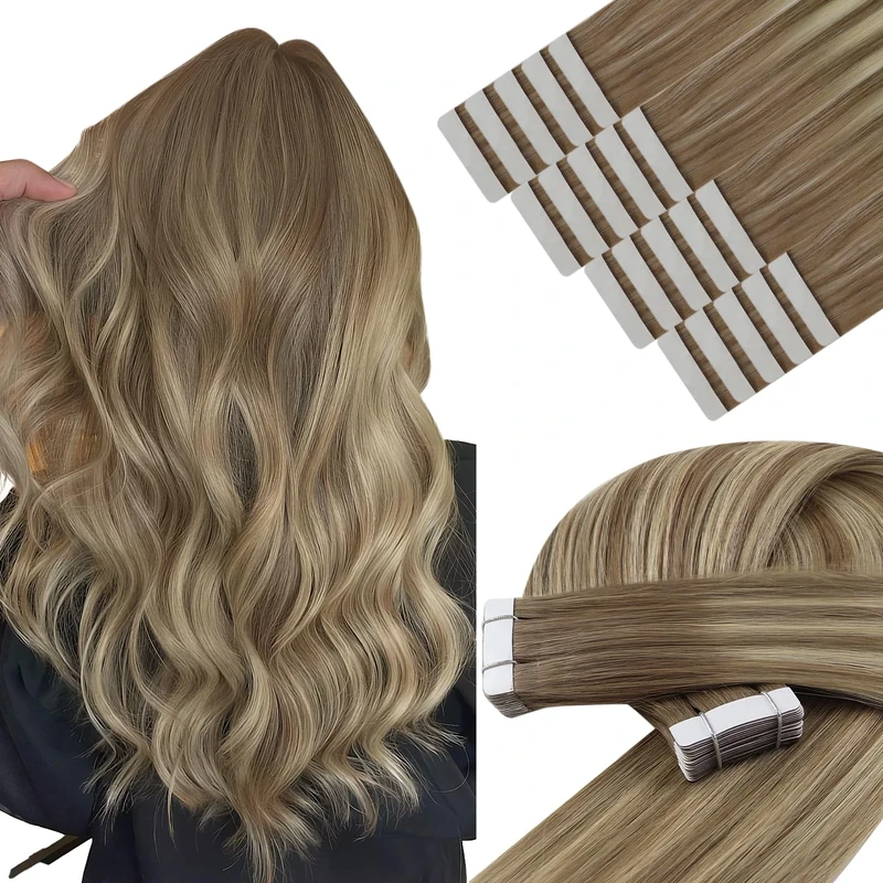 YoungSee Human Hair Tape in Extensions Brown Balayage Tape in Hair Extension Tapes Light Brown Balayage Blonde Silky Straight Human Hair Easy to Apply 20 Inch 20pcs 50g