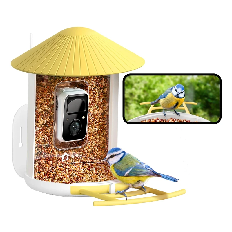Birdfy -Smart Bird Feeder Camera, Auto Record and Save Bird Videos & Push Motion Notification, Clear Night Vision, Wireless Bird Box Camera, Camera Bird Feeders with App, Yellow