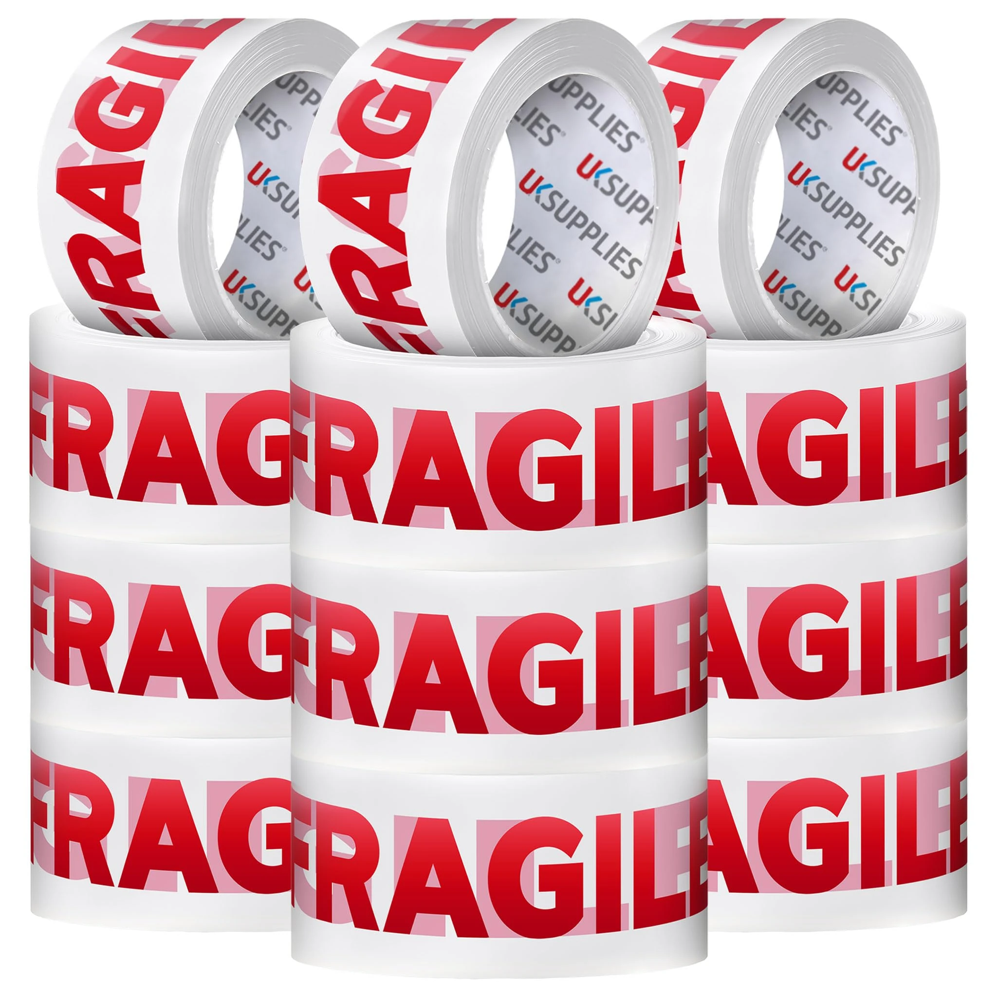 UK SUPPLIES LIMITED 12 Rolls LOW NOISE Premium Fragile Packaging Tape (All Pack Sizes) 48MM X 66M Extra Strong Secure Sticky Adhesive Durable Parcel Sealing Tape for Packing Boxes & Moving Houses