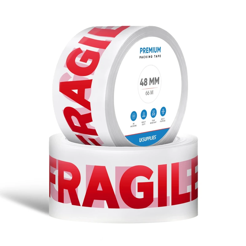 UK SUPPLIES LIMITED LOW NOISE Premium Fragile Packaging Tape (All Packs & Colors) 48MM X 66M Strong Secure Sticky Adhesive Durable Parcel Sealing Tape for Packing Boxes & Moving Houses (Pack of 2)