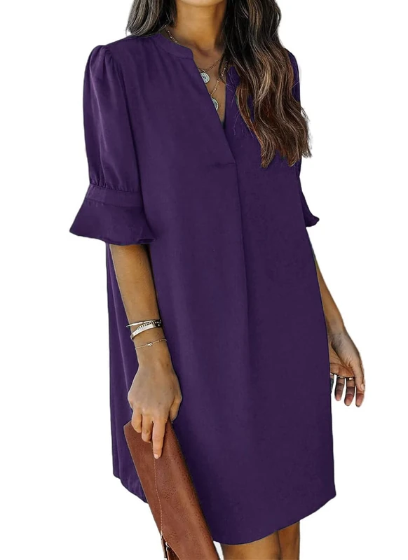 QACOHU Womens V Neck Ruffle Short Sleeve Simple Solid Color Casual Summer Dress, A0-Purple, M