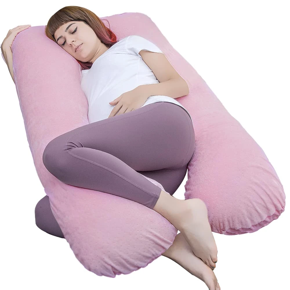 AS AWESLING Pregnancy Pillow, U Shaped Full Body Pillow, Nursing, Support and Maternity Pillow for Pregnant Women with Removable Velour Cover (Pink)
