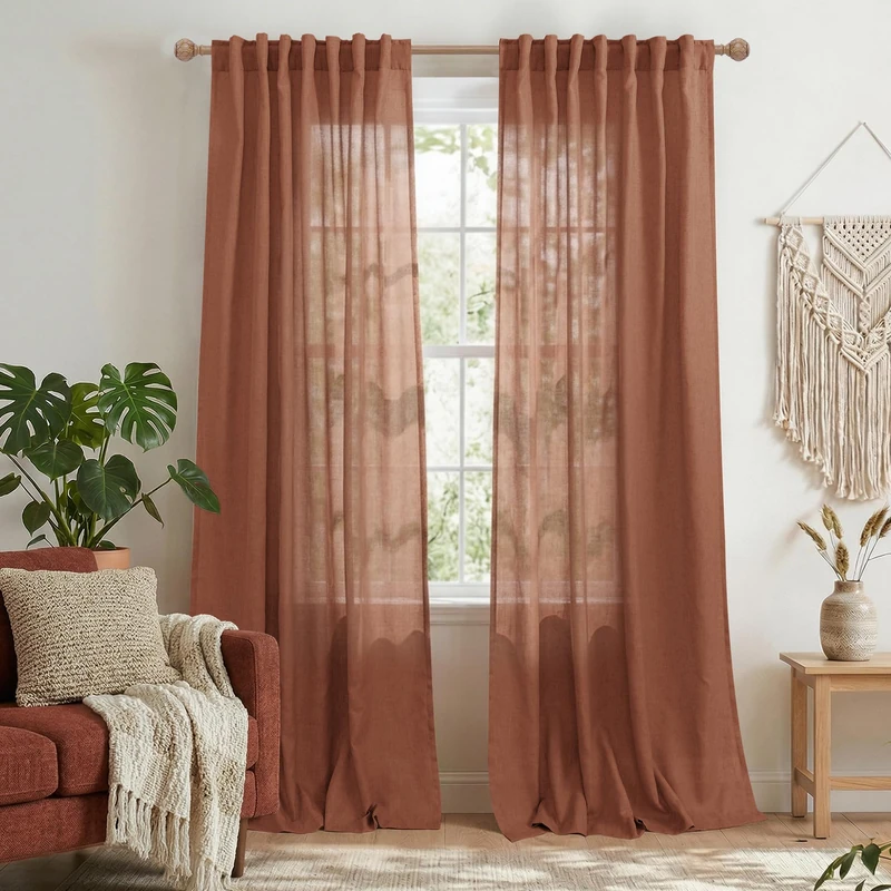 Bohemian Curtains for Living Room,Back Tab Boho Farmhouse Linen Semi Sheer Terracotta Curtain Drapes 90 Inches Long for Bedroom 2 Panels Set,Cool Maximalist Rust Decor,Cortinas Para Salas Modernas