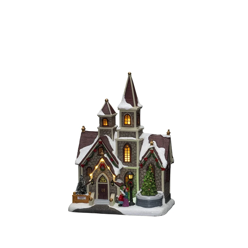 Konstsmide Christmas Decorations LED Scene Church, with Music, 11 Colourful diodes, Battery Operated or USB, Indoor, Black Cable, PVC Polyresin