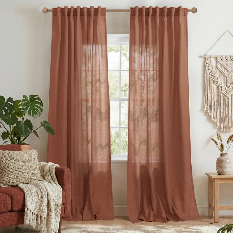 Mrs.Naturall Boho Curtains 2 Panels for Bedroom,Rust Western Light Filtering Linen Semi Sheer Gauze Curtain Drapes 96 Inches Long for Living Room,Moody Whimsical Bohemian Decor,Terracotta