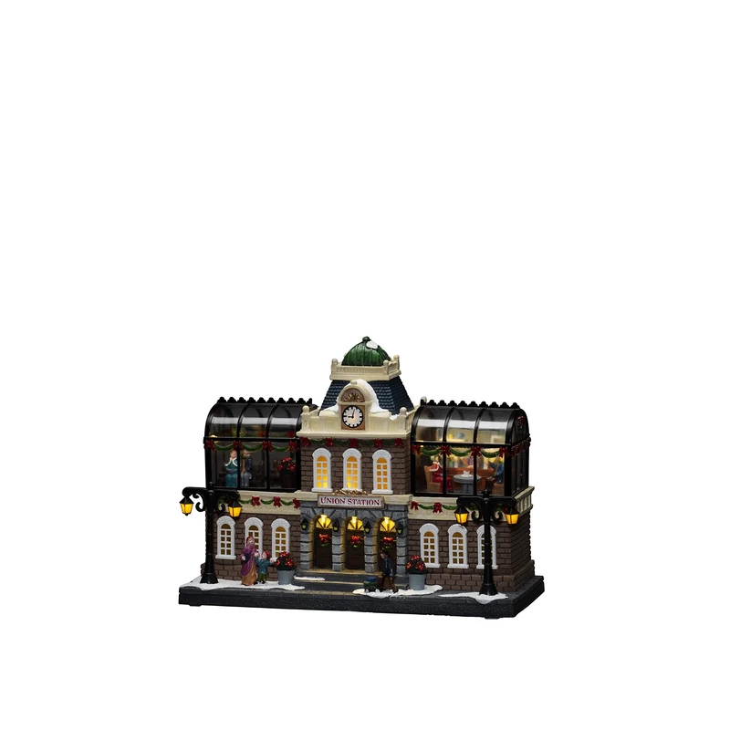 Konstsmide Christmas Decorations Animated LED Scene Union Train Station, with Music, 15 Yellow diodes, Battery Operated or USB, Indoor, Black Cable, PVC Polyresin