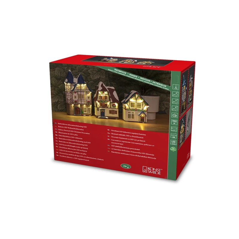 Konstsmide LED Houses, Set of 3, with 6 Hour Timer, 23 Warm White diodes, Battery Operated and USB, Indoor, Black Cable, 6 x AAA 1.5 V (not Included), PVC Polyresin, Colourful