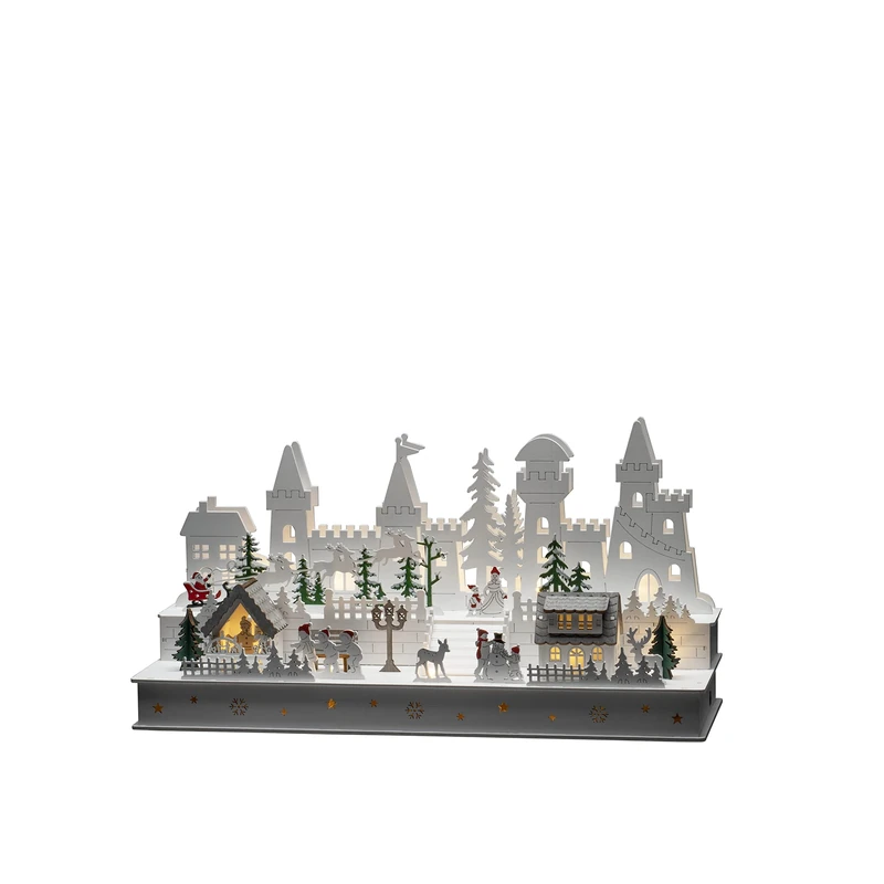 Konstsmide Christmas Lights/LED Wooden Silhouette Castle and Village Scene/6H Timer, 12 Diodes, Battery Operated or USB, Indoor, 2 x AA 1.5V (Excluded), White