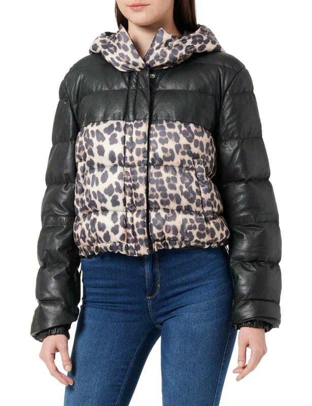 Freaky Nation Women's Soft Star-FN Leather/Textile Mix Jacket, Black/Leo, L, Black/Leo, L