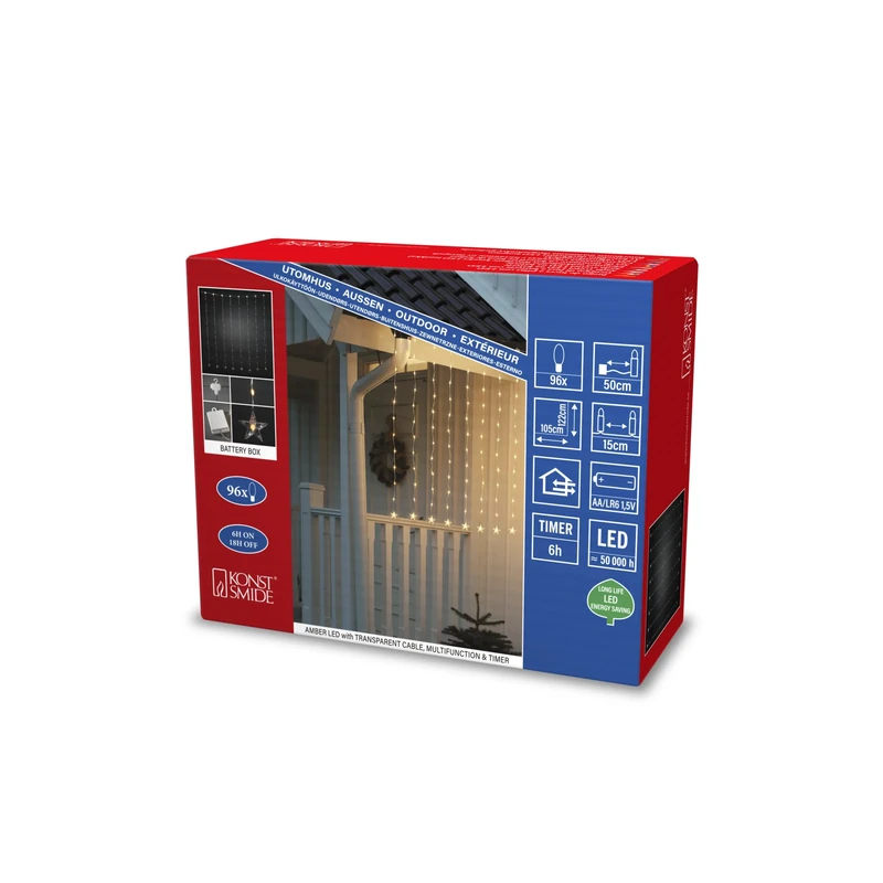 Konstsmide 3762-803 LED Star Light Curtain with 6 Hour Timer and Multifunction 96 Amber Diodes, Battery Operated, Outdoor (IP44), Transparent Cable, 4 x AA 1.5 V (Excl.)