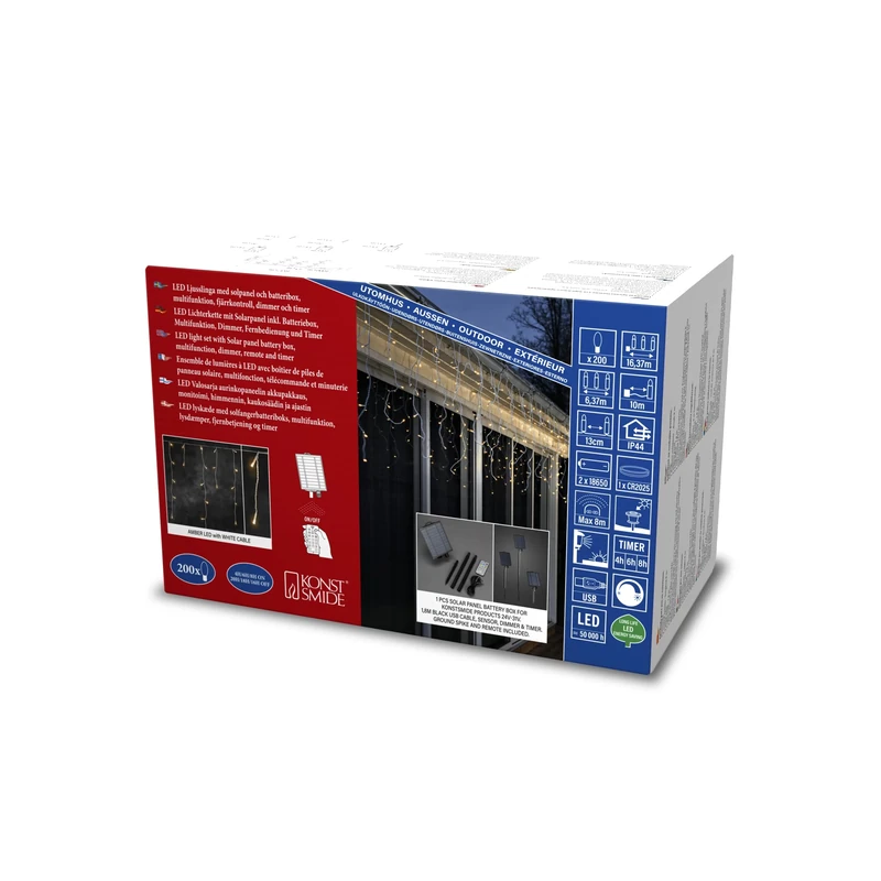 Konstsmide 2777-802SP LED Solar Icicle Light Curtain, Remote Control, 200 Amber Diodes, Outdoor, White Cable, 2 x Lithium Battery/1 x CR2025 (Included)