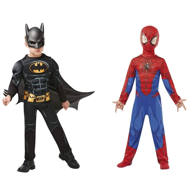 Rubie's Official Batman Black Deluxe Child's Costume, Superhero Fancy Dress, Child's Size Medium Age 5-6, Height 116 cm & Marvel Spider-Man Classic Child Costume, Blue-Red,M (5-6 years / 116cms)
