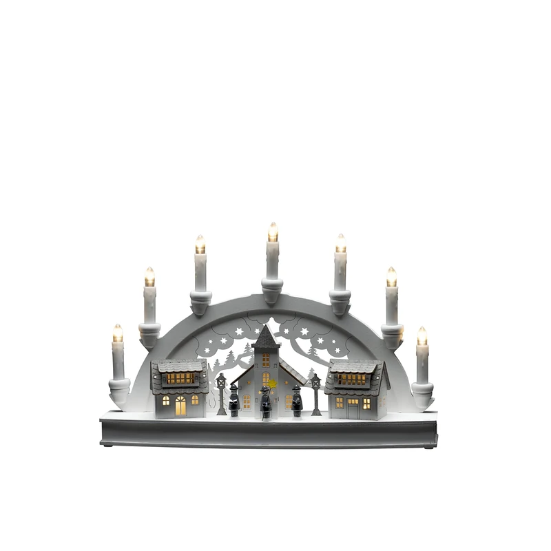 Konstsmide Christmas Lights/LED Wooden Silhouette Village Scene Candle Arch/6H Timer, 10 Diodes, Battery Operated or USB, Indoor, 2 x AA 1.5V (Excluded)
