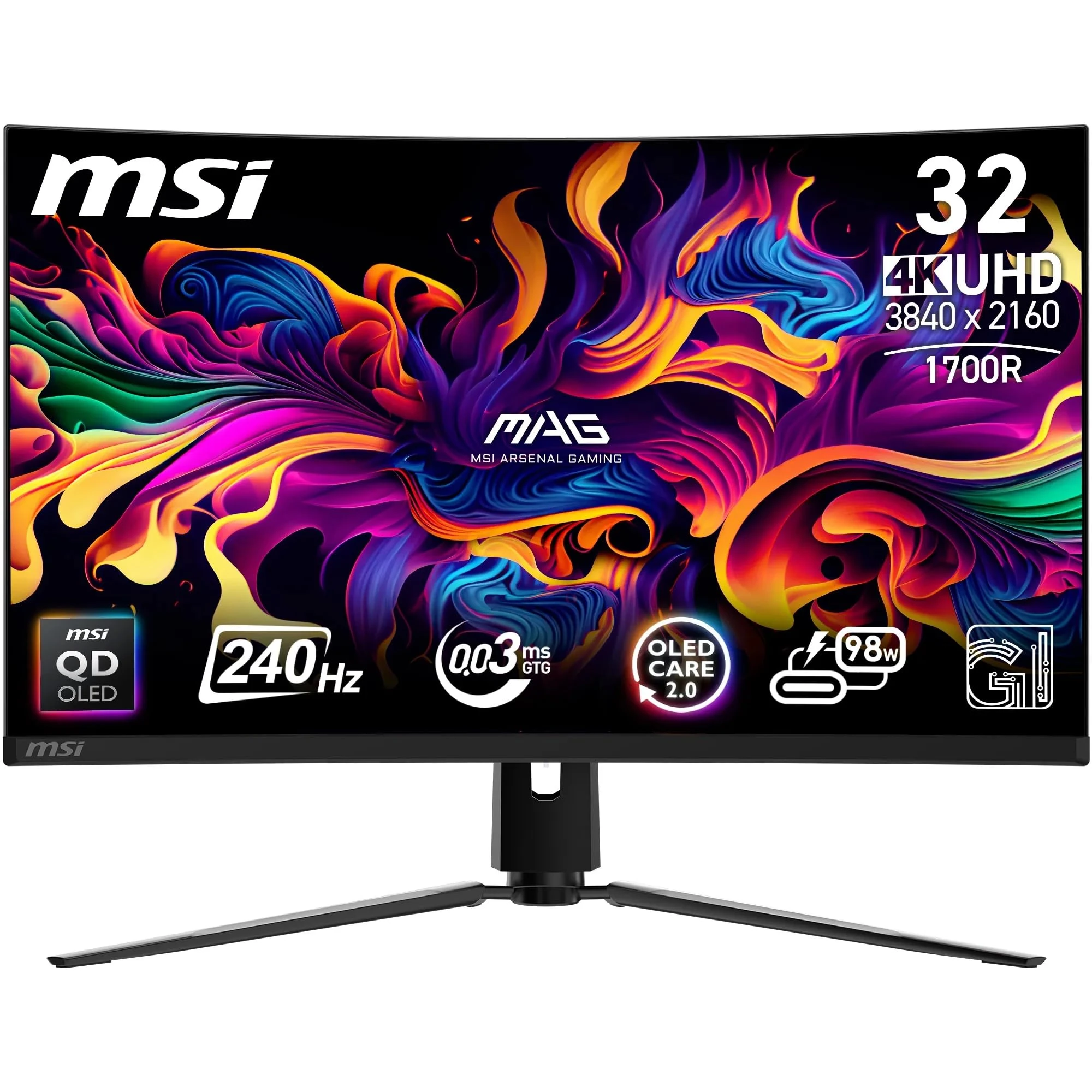 MSI MPG 321CURX QD-OLED 32 Inch UHD Curved Gaming Monitor - 1700R, 3840 x 2160 Quantum Dot OLED Panel, 240Hz / 0.03ms, 99% DCI-P3, ΔE≤2, DisplayHDR True Black 400, DP 1.4a, HDMI 2.1, USB Type-C