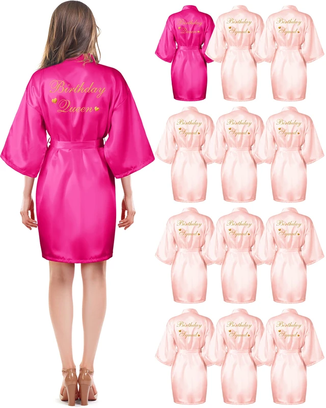 Hicarer 12 Pcs Women's Birthday Party Robes Gold Glitter Queen Squad Kimono Silky Nightgown Satin Bathrobes Dressing Gown, Rose Red, Pink, Medium