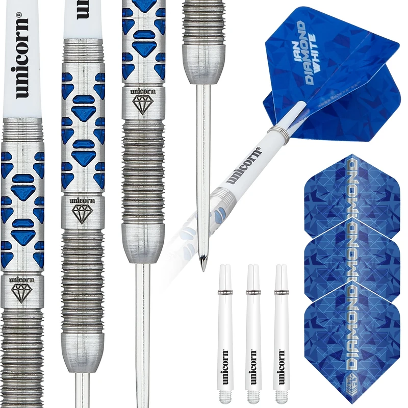 Unicorn Steel Tip Darts Set | Ian 'Diamond' White Maestro Phase 2 | 90% Natural Tungsten Barrels with Blue Diamond Accents | 25 g