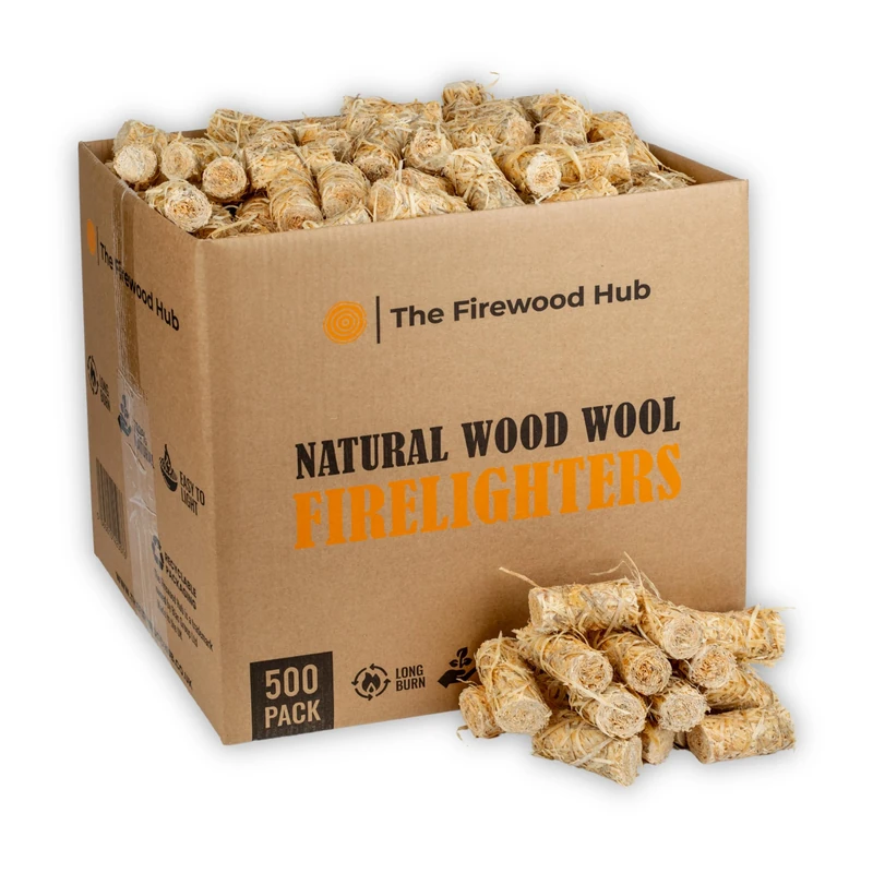 500 Wood Wool Fire Lighters - Natural Firelighters Made from Wood and Wax, Long Burn Time Up to 10 Minutes, Ideal Fire lighters for Log Burners, BBQ, Fireplace, and Campfires