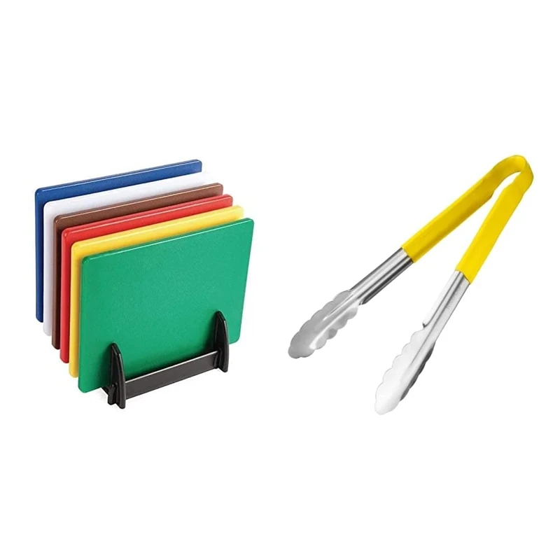 Hygiplas Colour Coded Chopping Board Set with Rack & Wall Chart 6 Pieces & 12276 Colour Coded Serving Tong Yellow - 300mm