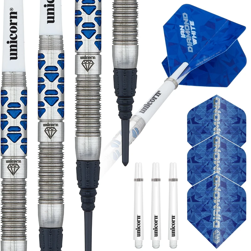Unicorn Darts Set | Ian 'Diamond' White Maestro Phase 2 | 70% Natural Tungsten Barrels with Blue Diamond Accents | Epic Soft Tips | 18 g