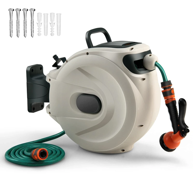 GiantexUK Wall Retractable Hose Reel, Air Compressor Reel Watering Tool with Auto Rewind, Locking System, 180° Swivel Bracket and 8 in 1 Nozzle (15+1M Pipe, 38 x 20 x37cm)