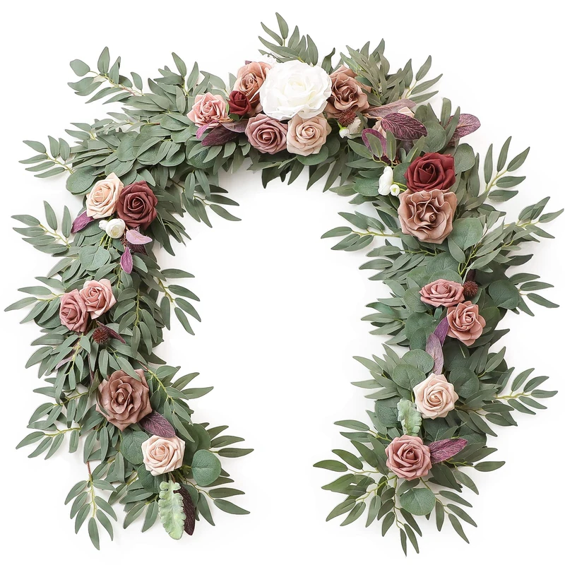 Floroom 6ft Artificial Eucalyptus Garland with Flowers Fake Greenery Faux Floral Vine Garland for Table Decor Wedding Centerpieces Bridal Shower Party Decorations, Dusty Rose & Mauve