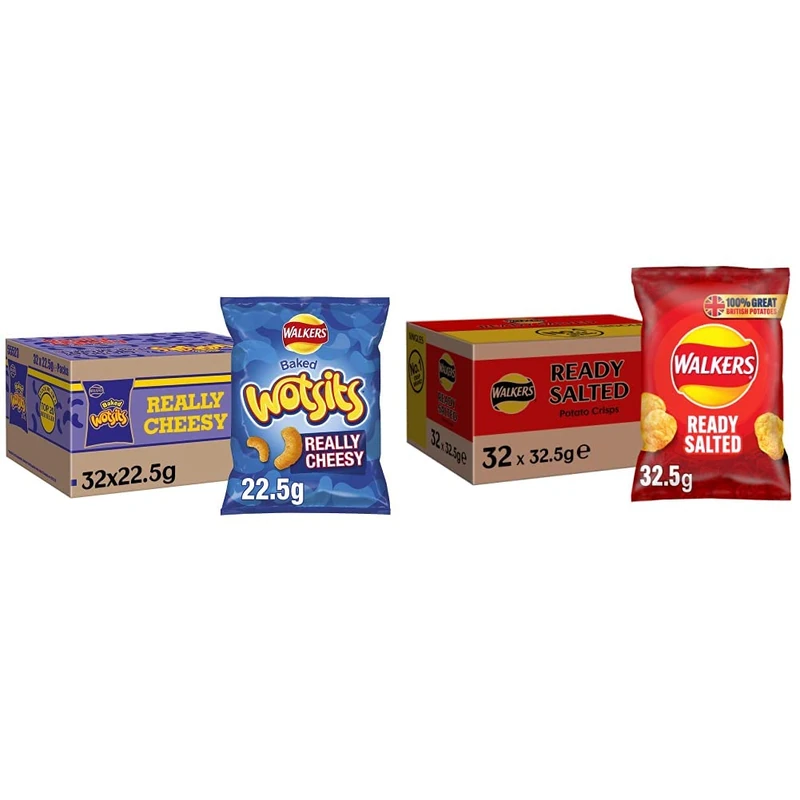 Walkers Wotsits Really Cheesy Snacks, 22.5g (Case of 32) & Ready Salted Crisps, 32.5g (Case of 32)