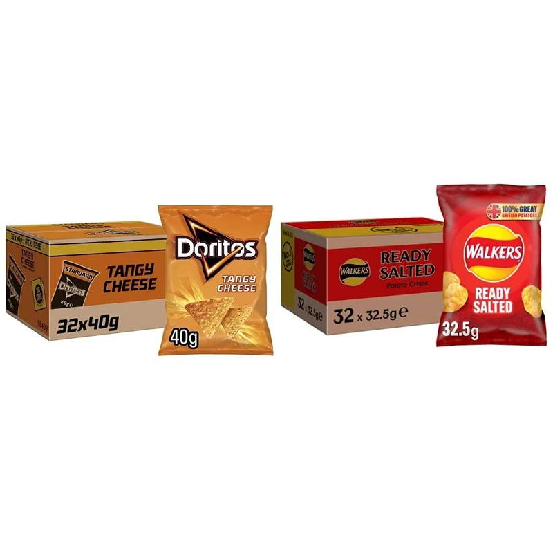 Doritos Tangy Cheese Tortilla Chips, 40g (Case of 32) & Walkers Ready Salted Crisps, 32.5g (Case of 32)