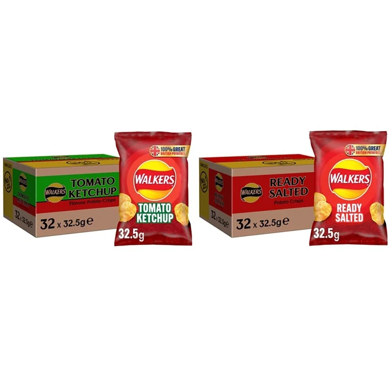 Walkers Tomato Ketchup Crisps Box, 32.5 g (Case of 32) & Ready Salted Crisps, 32.5g (Case of 32)