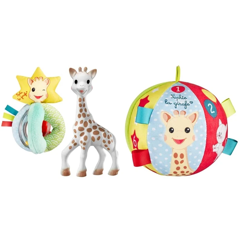 Sophie la girafe Sophiesticated Original Teether with Soft and Sense Rattle, 100% Natural Rubber Baby Teething Toy, Box Set Bag Card & My First Early-Learning Ball, 12, 4 Piece Set