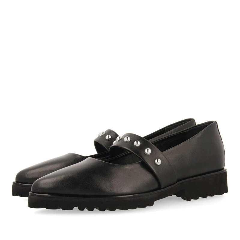 GIOSEPPO waldegg Women's Black Leather Ballet Flats with Studded Strap Detail, Black/White, 4 UK
