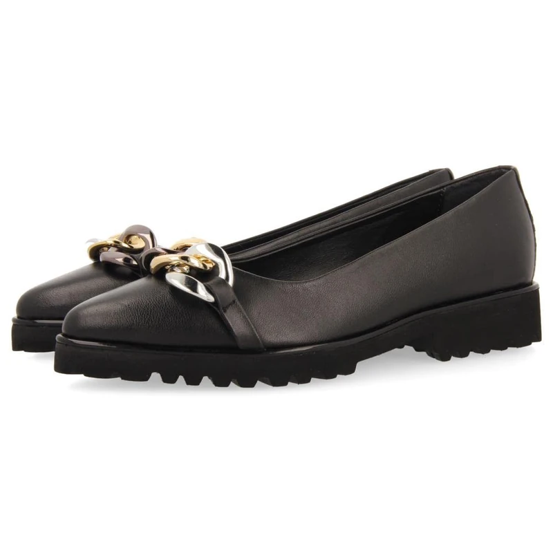 GIOSEPPO Rosebud Women's Black Leather Ballet Flats with Buckle Detail and Track Sole, Black/White, 7 UK
