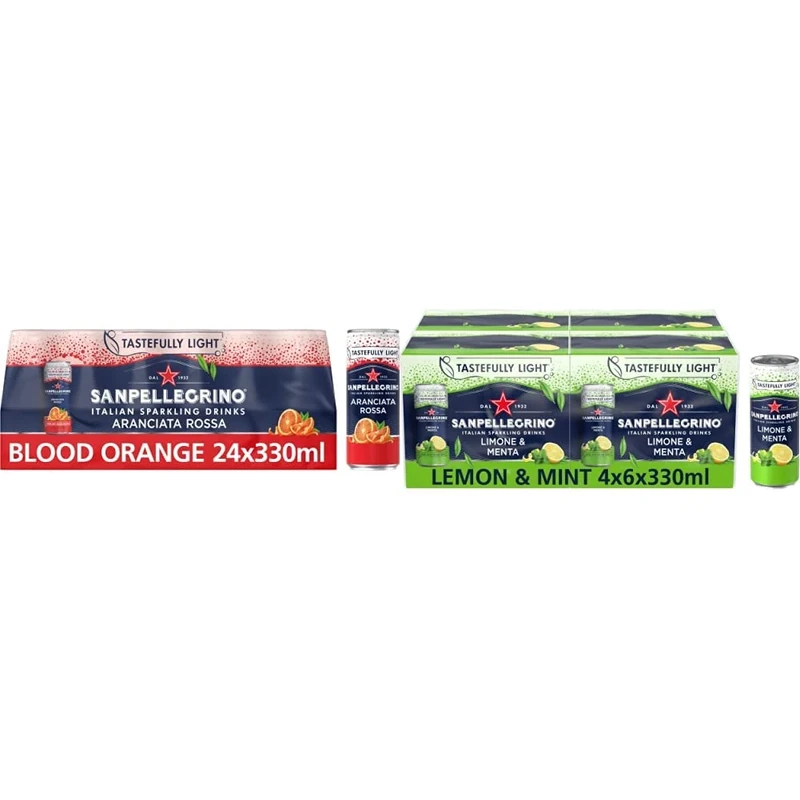 San Pellegrino Italian Tastefully Light Sparkling Blood Orange Canned Soft Drink 24 x 330ml | 69k Cals per Can and San Pellegrino Lemon & Mint 4X6x330ml