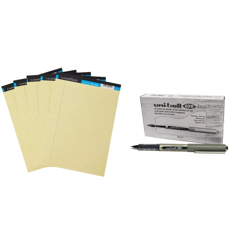 Cambridge Lined Paper A4 Refill Pad, 100 Page, Legal Pad, Yellow, Pack of 5, 400115984 & UB-157 Eye Fine Ballpoint Pens, Black Uni Super Ink, .7mm Nib, Box of 12 - Image 1