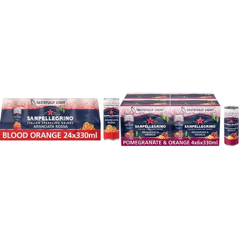 San Pellegrino Italian Tastefully Light Sparkling Blood Orange Canned Soft Drink 24 x 330ml | 69k Cals per Can and Pomegranate & Orange 4x6x330ml